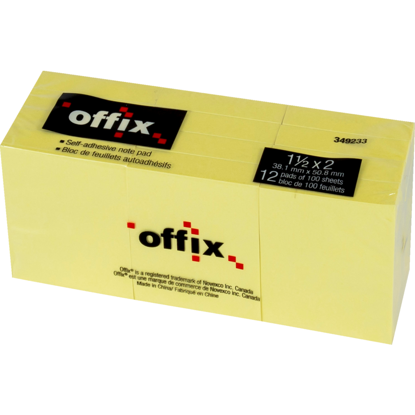 Offix® Self-Adhesive Notes 1-1/2" x 2" 100 sheets per pad Yellow 12 pads/pkg