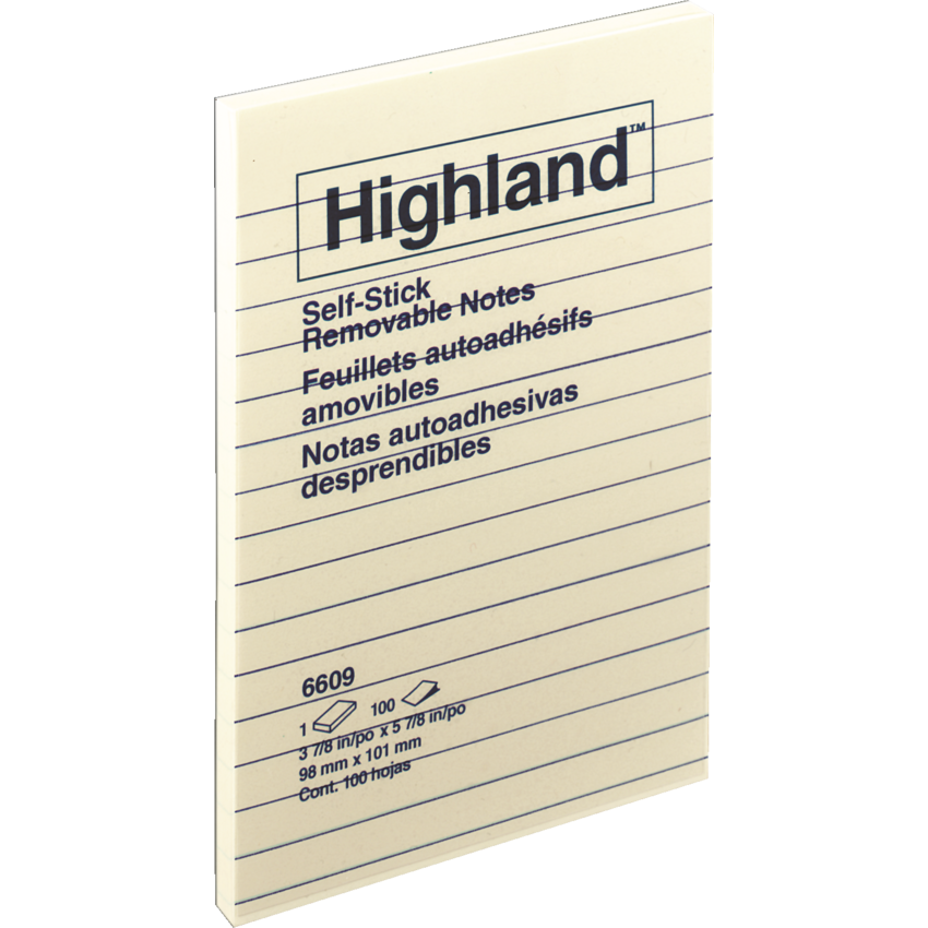 Highland™ Self-Stick Lined Note Pads Lined 4" x 6" Yellow 12/pkg
