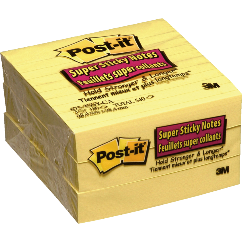 Post-it® Super Sticky Notes 4" x 4" Lined 90 sheets per pad Canary Yellow™ 3 pads/pkg
