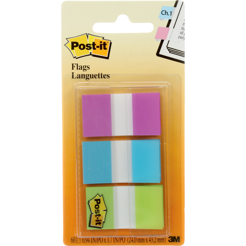 Post-it® Flags 1" 20 sheets per pad, Bright Blue, Purple, Bright Green 3 pads/pkg