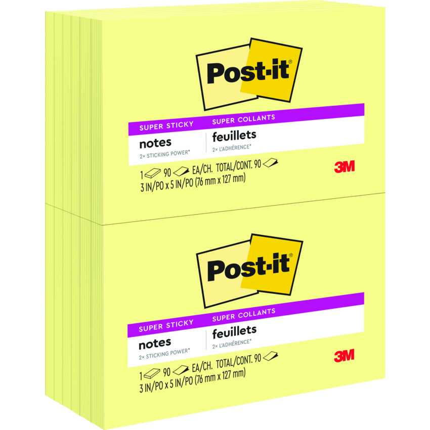 Post-it® Super Sticky Notes 3" x 5" 90 sheets per pad Canary Yellow 12/pkg