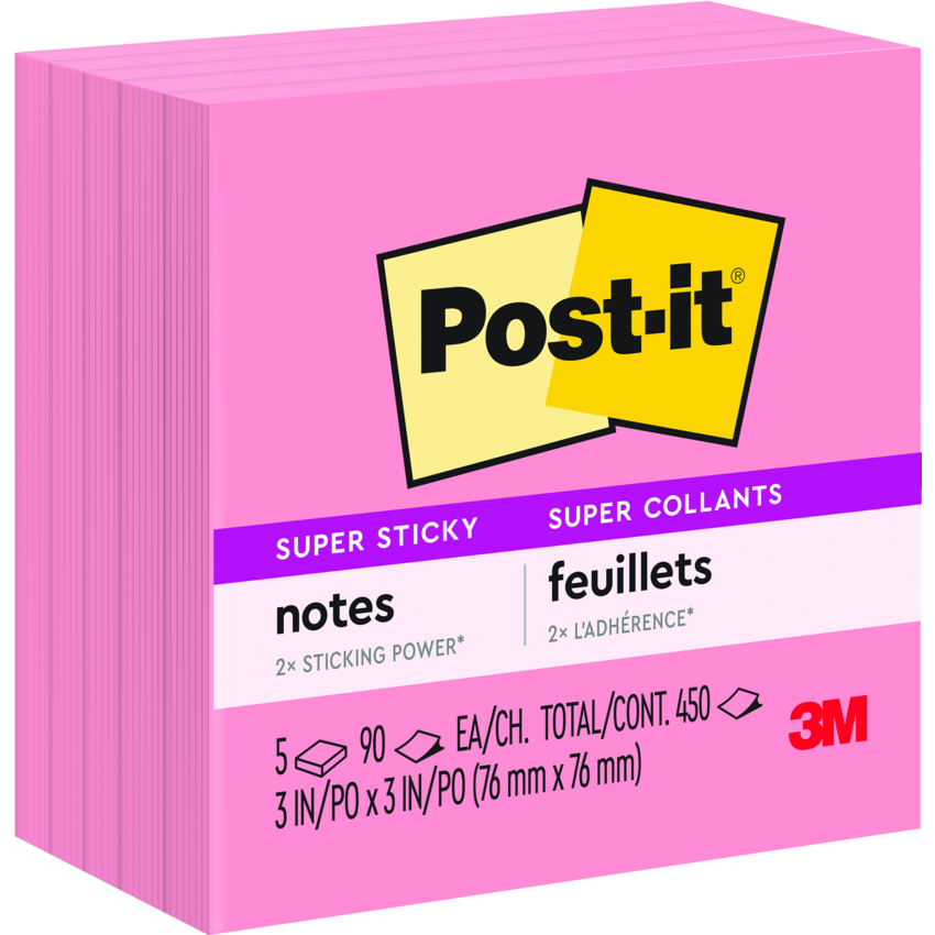 Post-it® Super Sticky Notes Cubes 3" x 3" 90 Sheets Neon Pink 5 pads/pkg