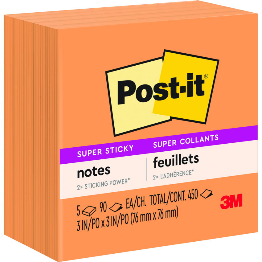 Post-it® Super Sticky Notes Cubes 3" x 3" 90 Sheets Neon Orange 5 pads/pkg