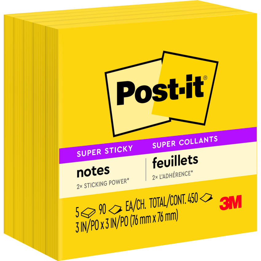 Post-it® Super Sticky Notes Cubes 3" x 3" 90 Sheets Electric Yellow 5 pads/pkg