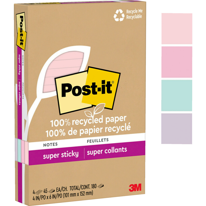 Post-it® 100% Recycled Paper Super Sticky Notes Lined 4" x 6" Assorted Wanderlust Pastel Colours 4 pads/pkg