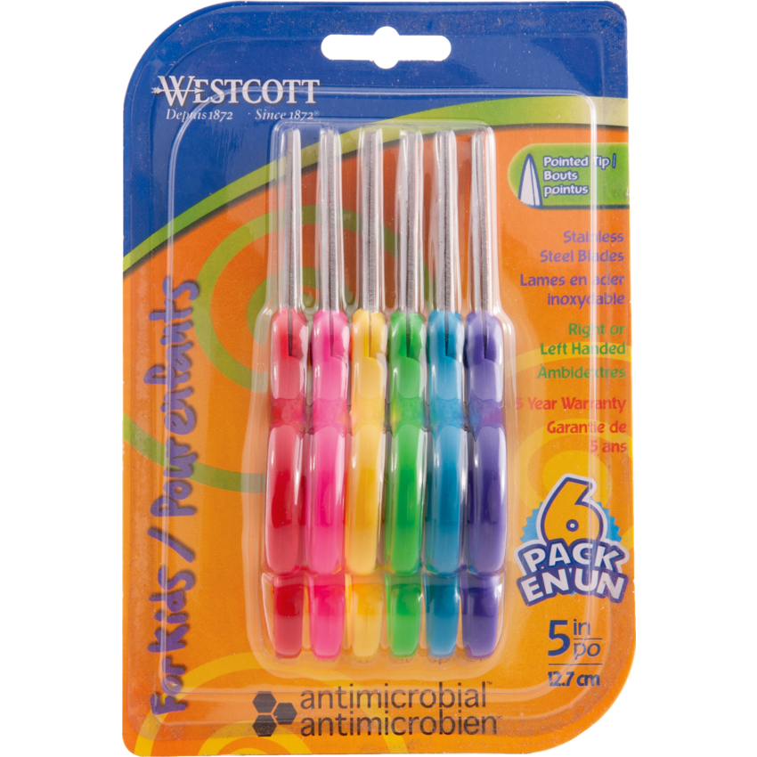 Westcott® Antimicrobial Kids Scissors 5" Pointed Tip Assorted Colours 6/pkg