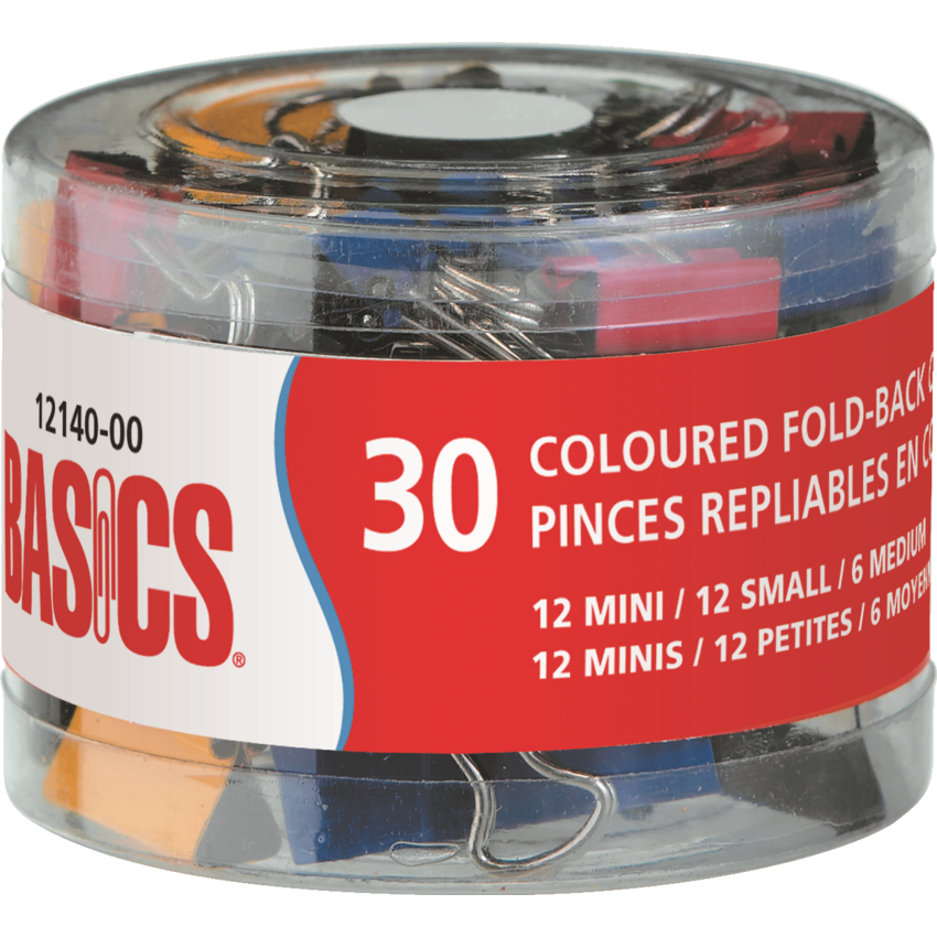 Basics® Coloured Fold-Back Clips Assorted Sizes 30/tub