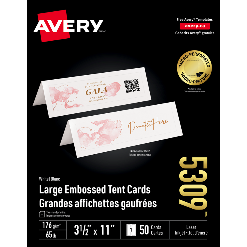 Avery® Tent Cards Large 11" x 3-1/2" White 50/box