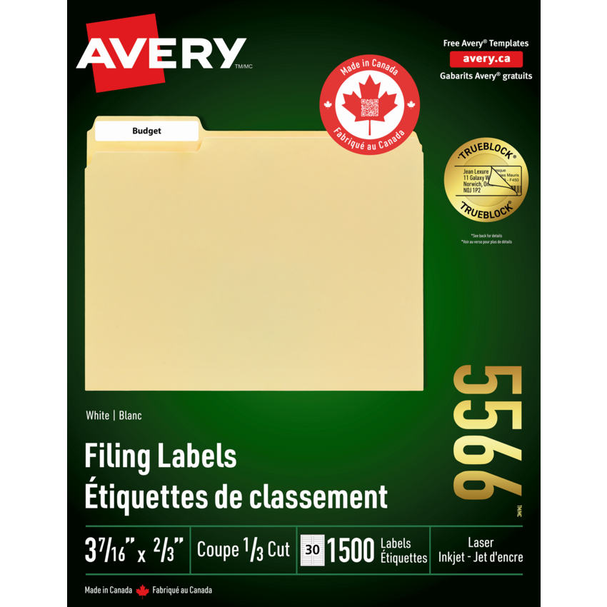 Avery® TrueBlock™ Filing Labels Laser and Inkjet White (1,500 Labels) 50 sheets/box