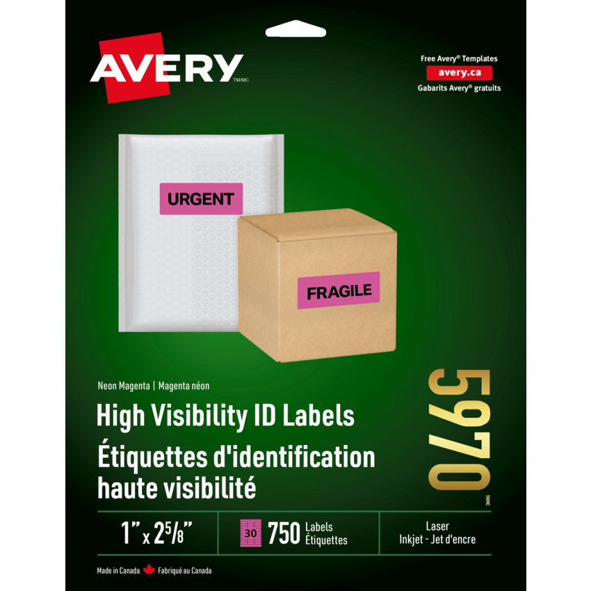 Avery® Neon High Visibility Labels 2-5/8" x 1" (750 Labels) Laser Magenta 25 sheets/pkg
