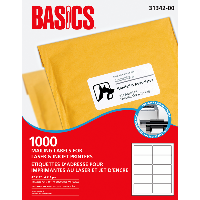 Basics® Mailing Labels for Laser Printers 4" x 2" White (1,000 Labels) 100 sheets/box