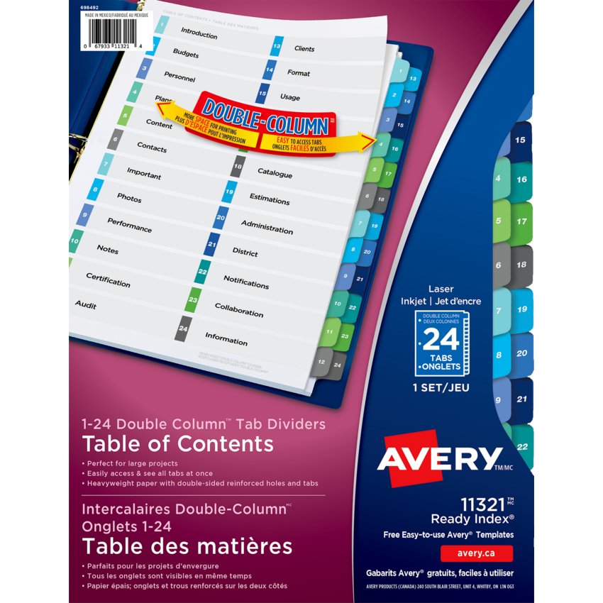 Avery® Ready Index® Table of Contents Double Column Dividers 1-24 11" x 8-1/2