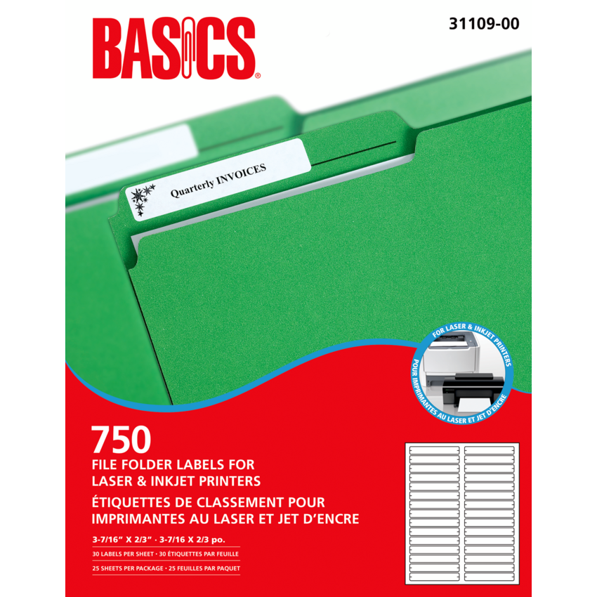 Basics® File Folder Labels for Laser and Inkjet Printers (750 Labels) 25 sheets/pkg