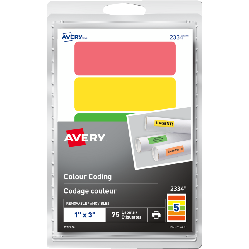 Avery® Removable Colour Coding Labels Rectangular 1" x 3" Assorted Colours 75/pkg