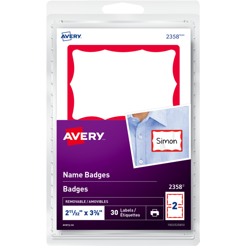 Avery® Name Badges 2-11/32" x 3-3/8" Red Border 30/pkg