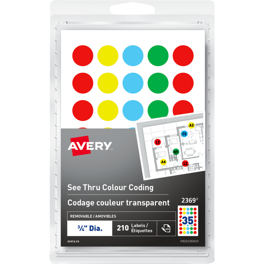Avery® See Thru Colour Coding Labels 3/4" Diameter Assorted Colours 210 labels/pkg