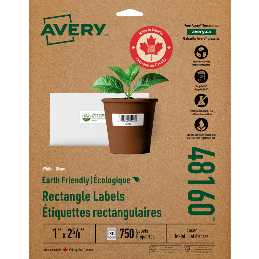 Avery® EcoFriendly Mailing Labels 2-5/8" x 1" (750 Labels) White 25 sheets/pkg