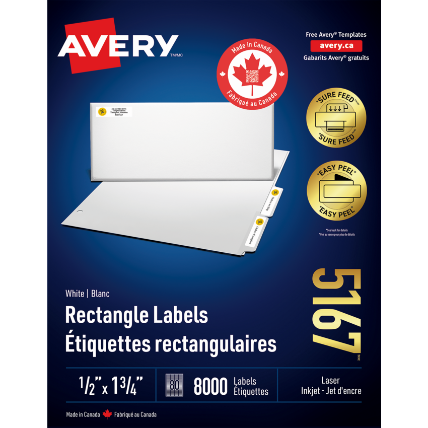 Avery® Easy Peel® White Rectangle Labels 1/2" x 1-3/4" (8,000 Labels) Laser and Inkjet White 100 sheets/box