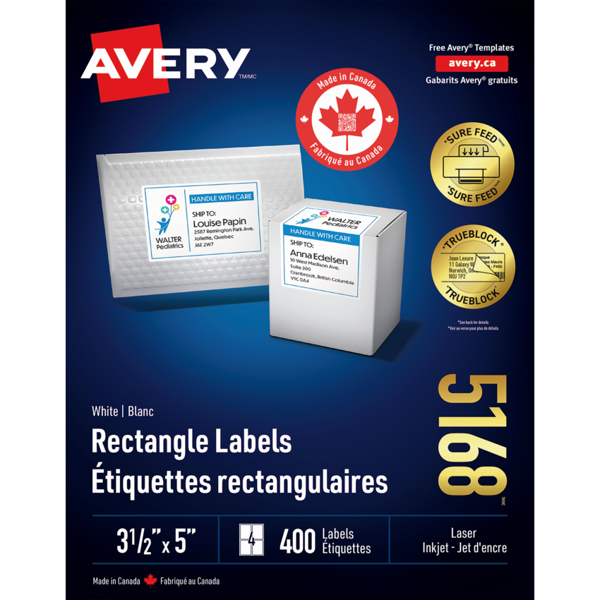 Avery® TrueBlock™  Shipping Labels 3-1/2" x 5" (400 Labels) Laser and Inkjet  White 100 sheets/box