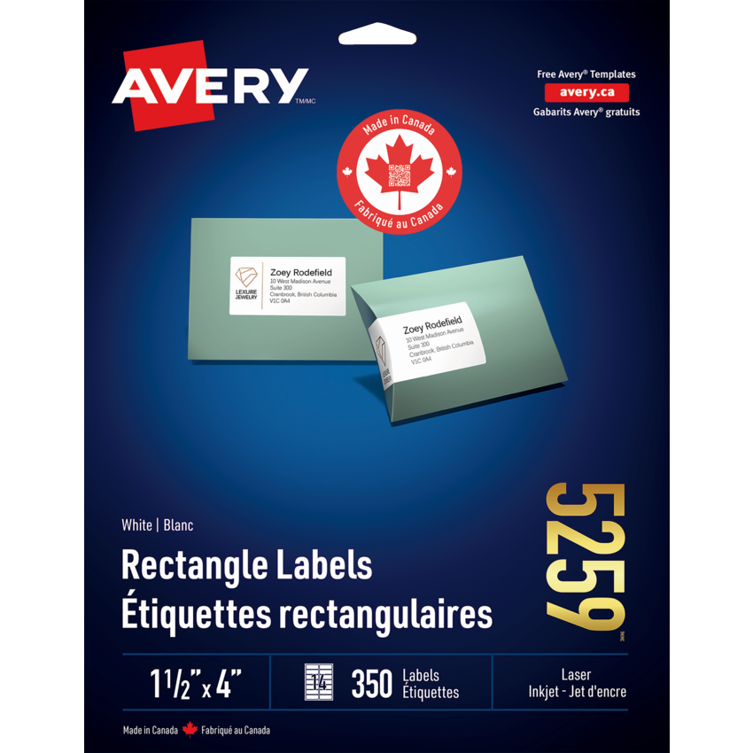 Avery® Rectangle Labels 1-1/2" x 4" (350 Labels) Laser and Inkjet White 25 sheets/pkg