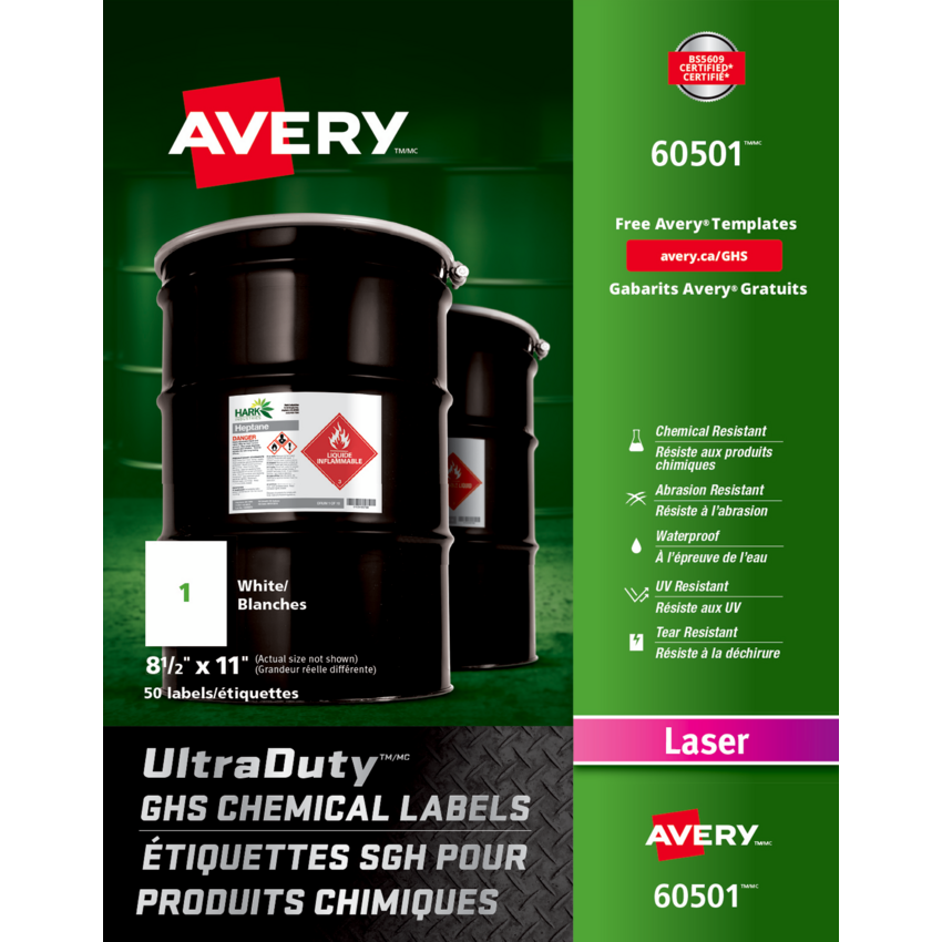 Avery® UltraDuty GHS Chemical Labels 8-1/2" x 11" White 50/pkg