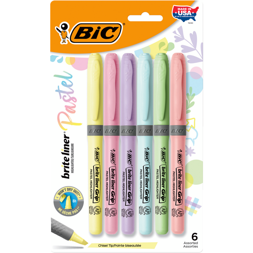 BIC® Brite Liner Grip Pastel Highlighters Chisel Tip Assorted Pastel Colours 6/pkg