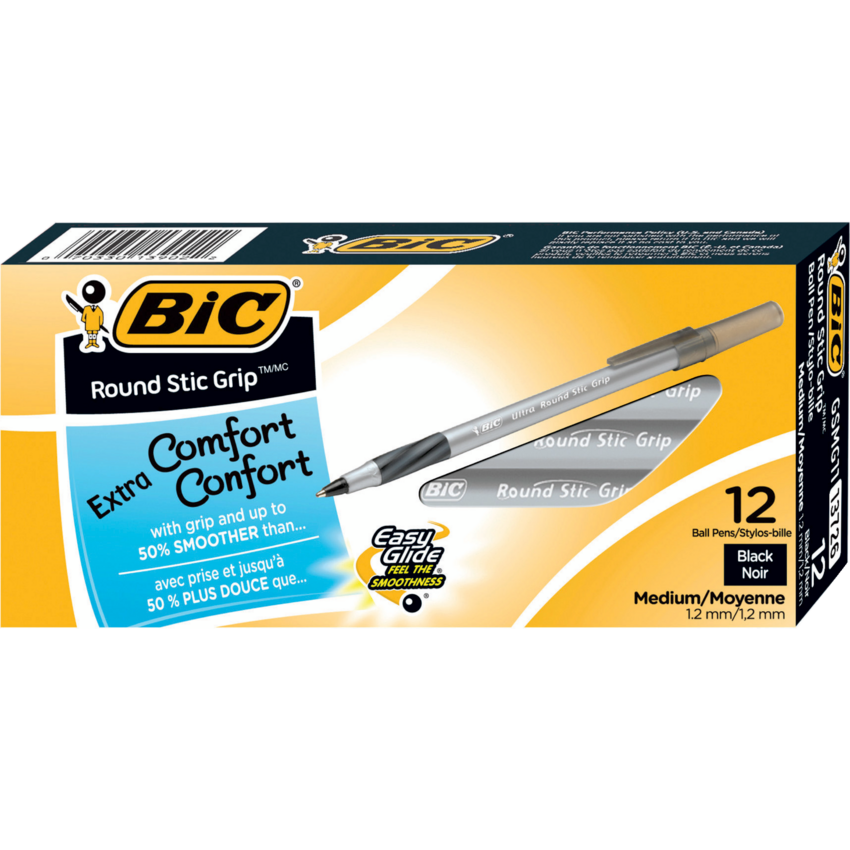 BIC® Round Stic Grip® Pens Medium Point Black 12/box