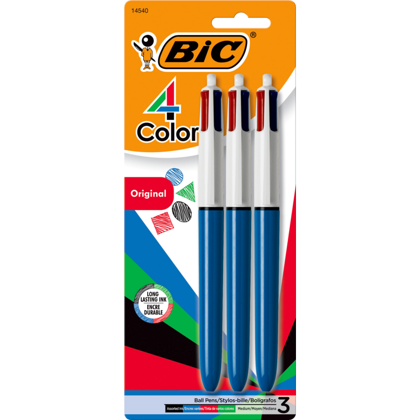 Bic® 4 Color™ Retractable Ball Point Pen Medium Tip Black, Blue, Red and Green 3/pkg