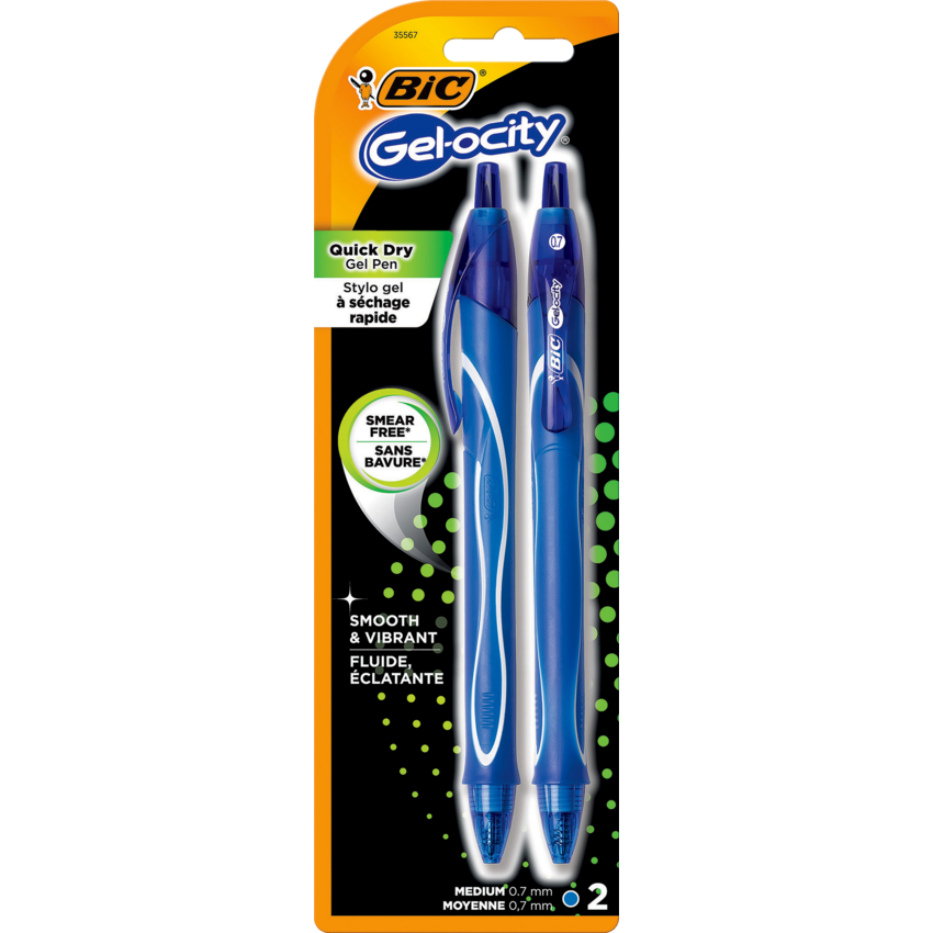 BIC® Gel-ocity™ Original Long-Lasting Retractable Gel Pens 0.7 mm Blue 2/pkg