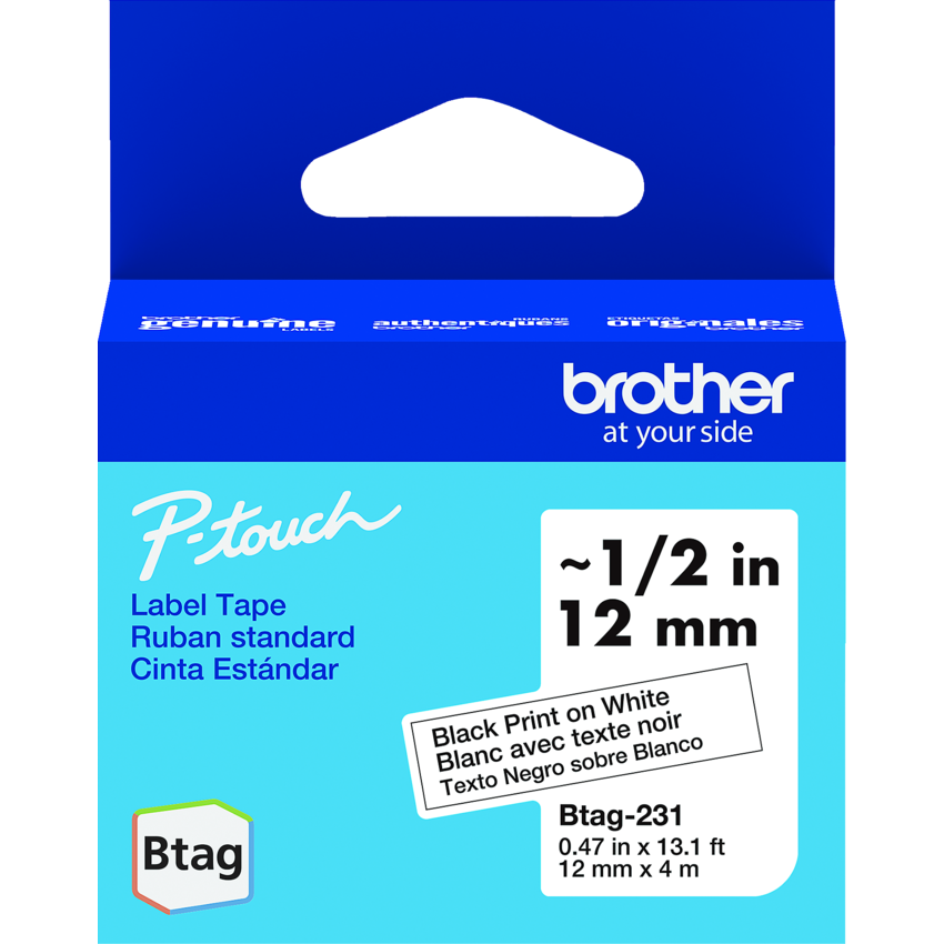 Brother® P-Touch® BTAG-231 Label Tape Black on White 12 mm (1/2") x 13.1'
