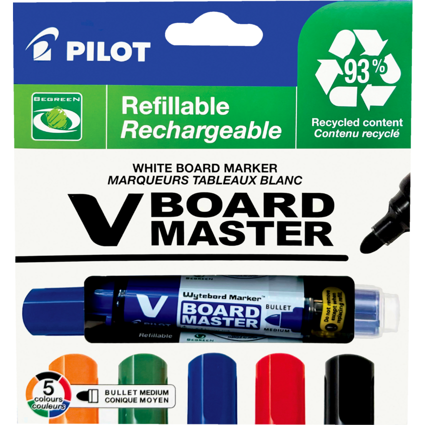 Pilot® BeGreen® V-Board Master Dry Erase Marker Bullet Tip Assorted Colours 5/pkg