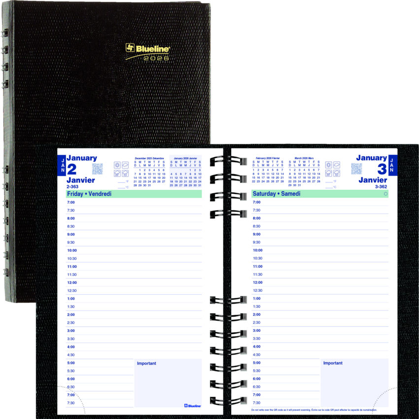 Blueline® CoilPro™ Daily Diary 8x5" Black Bilingual