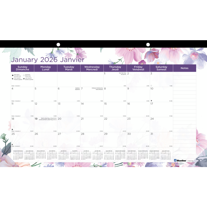 Blueline® Monthly Desk Pad  17-3/4" x 10-7/8" Bilingual Floral Design