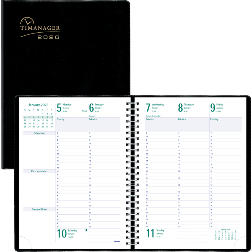 Blueline® Timanager® Weekly Business Diary Twin Wire Soft Cover 10-1/4x7-5/8" English Black