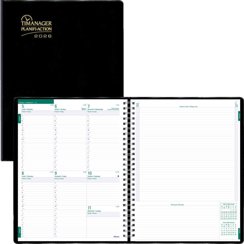 Blueline® Timanager® Planifi-Action® Weekly Planner 11" x 8-1/2" Bilingual Black
