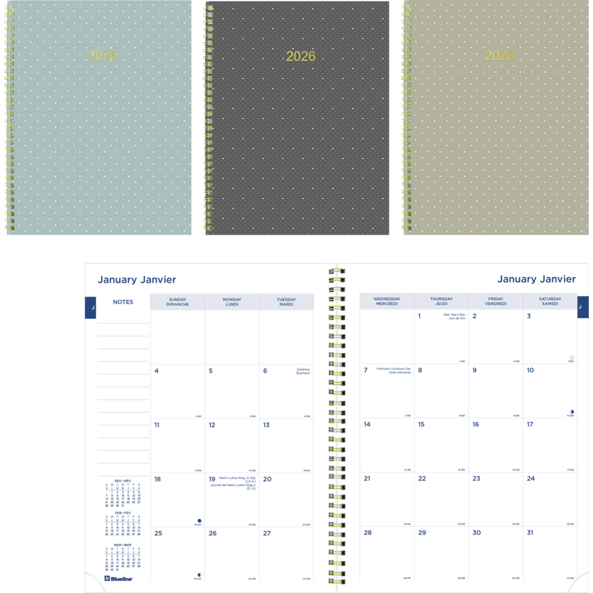 Blueline® Minimalist Monthly Planner 14 Month 11" x 8-1/2" Bilingual Assorted Colours