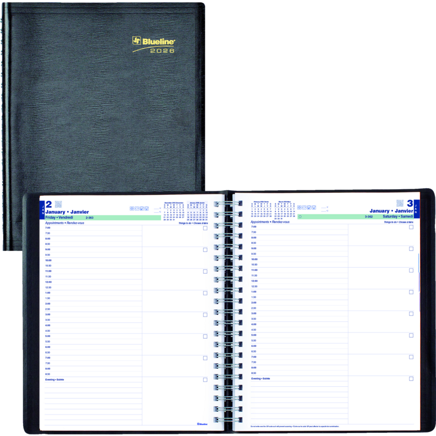 Blueline® Essential Daily Planner 11" x 8-1/2" Bilingual Black
