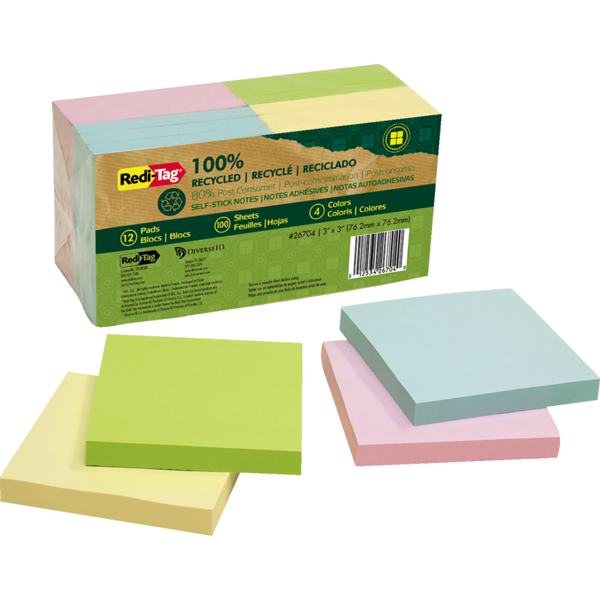 Redi-Tag® Recycled Self-Stick Notes 3" x 3" 100 sheets per pad Assorted Pastel Colours 12 pads/pkg