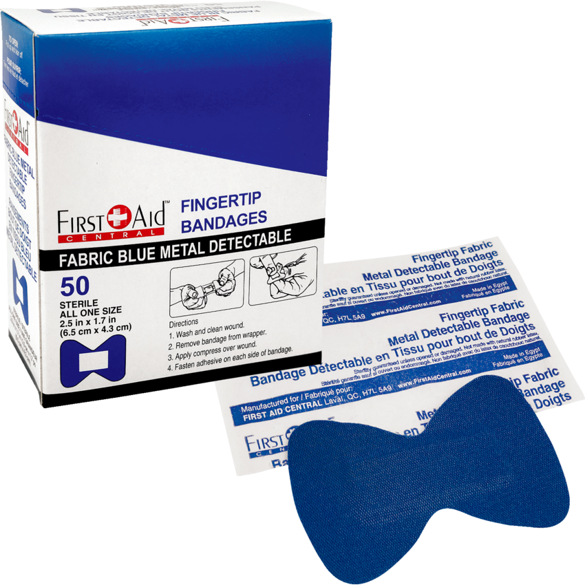 First Aid Central® Blue Metal Detectable Adhesive Bandages Fingertip 50/box