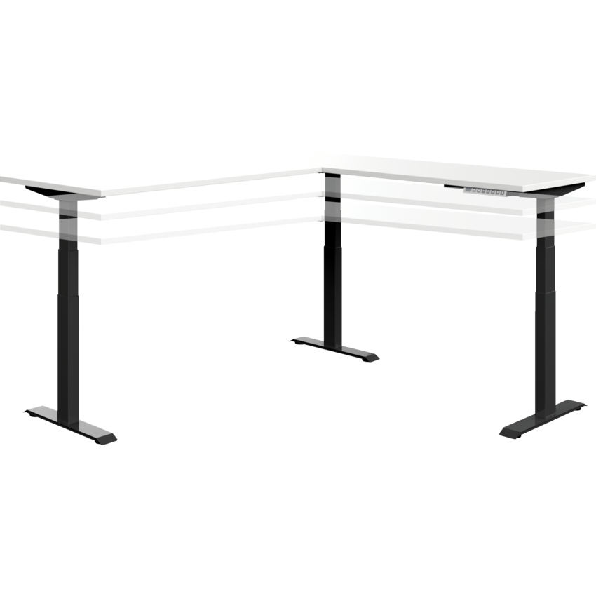 Offices to Go® Newland™ L-Shaped 3-Stage Electric Height Adjustable Table 70"W x 70"D x 22-3/5"-48-1/5"H Designer White Finish/Black base