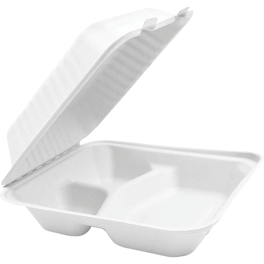 Globe™ Compostable Hinged Containers 3 Compartment 9"W x 9"D x 3-1/4"H White 50/pkg