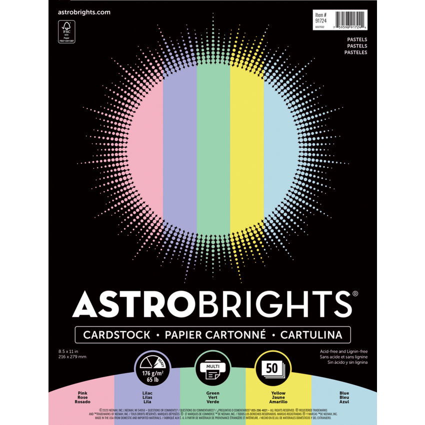 Neenah Astrobrights® Cover Stock 65 lb 8-1/2" x 11" Assorted Pastel Colours 50 sheets/pkg