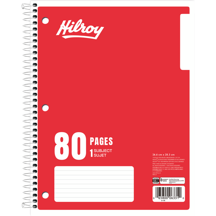 Hilroy 1 Subject Notebook Wide Ruled Three-hole Punched 10-1/2" x 8" 80 pages Red