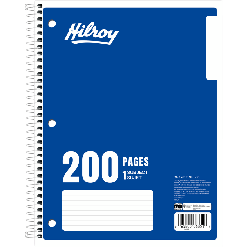 Hilroy 1 Subject Notebook Wide Ruled Three-hole Punched 10-1/2" x 8" 200 pages Blue