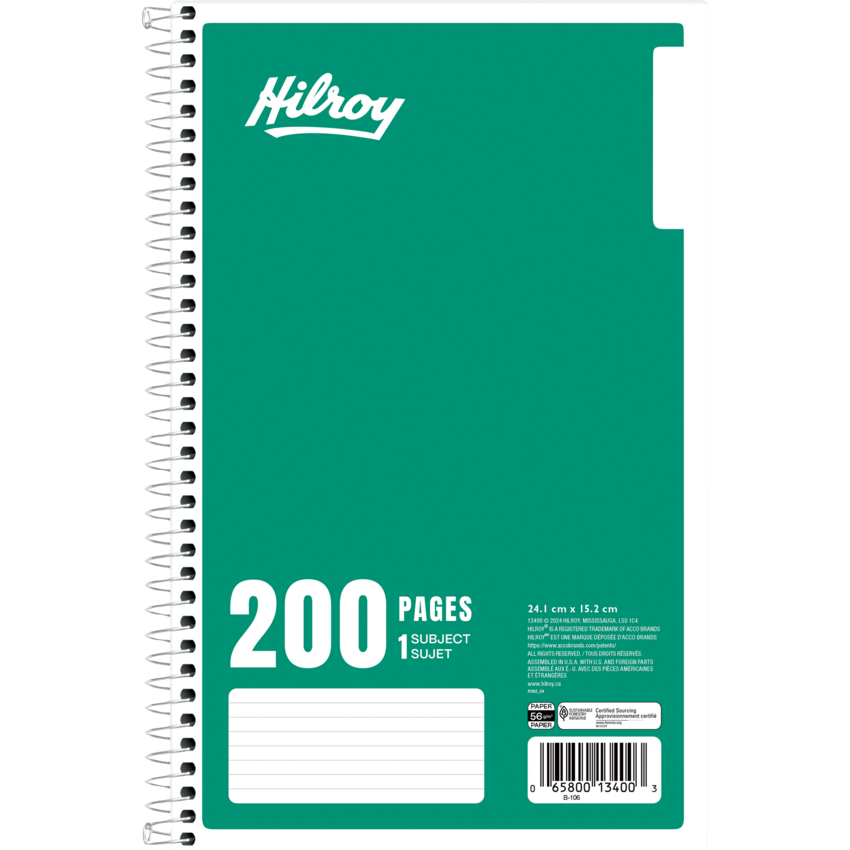 Hilroy 1-Subject Notebook Coil Bound 9-1/2" x 6" Green 200 pgs