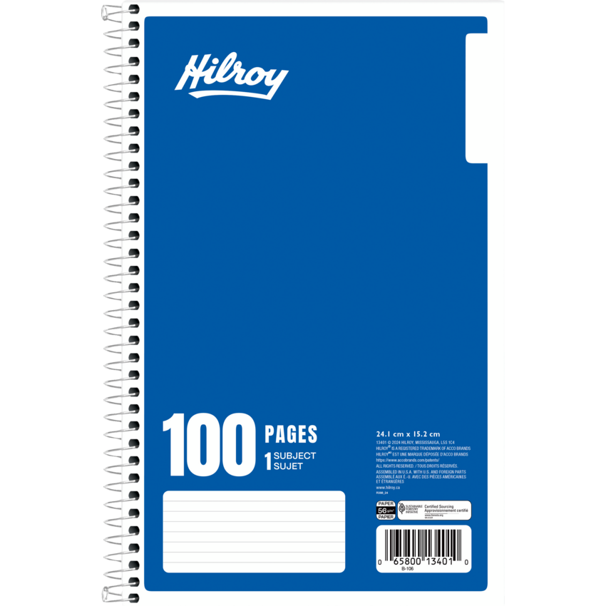 Hilroy 1-Subject Notebook Coil Bound 9-1/2" x 6" Blue 100 pgs