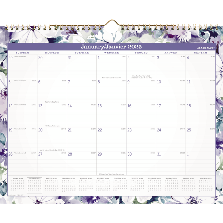 AT-A-GLANCE® Badge Floral Wall Calendar 15" x 12" Bilingual Purple/Green