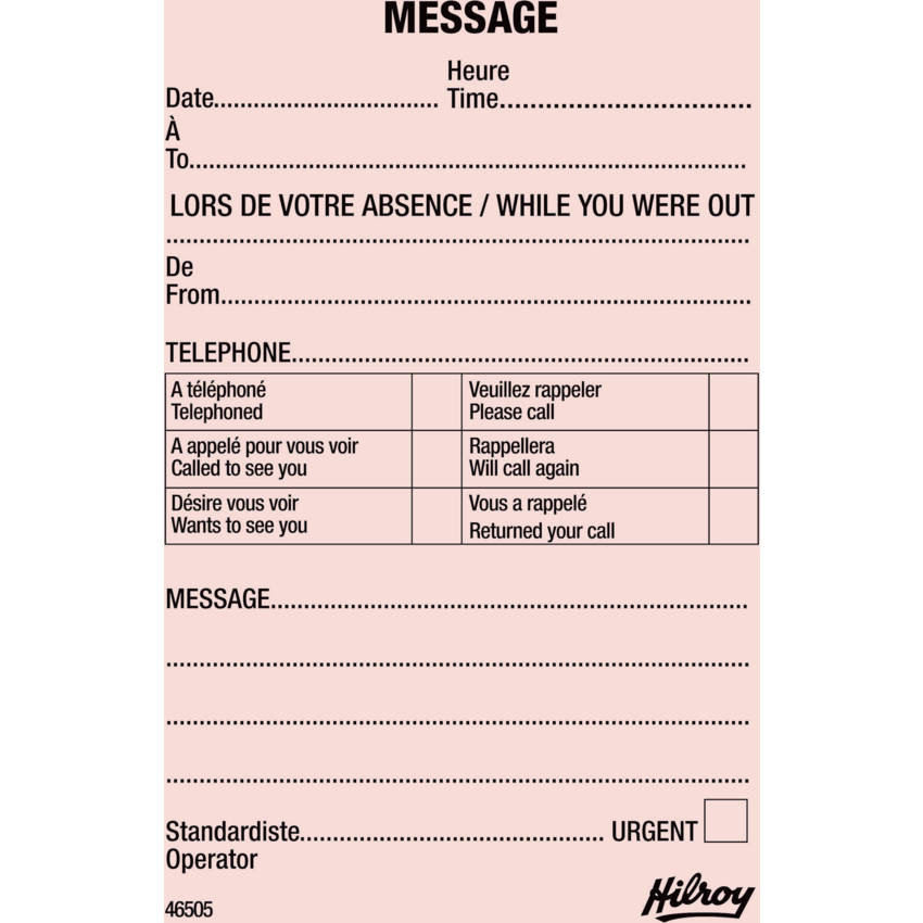 Hilroy Telephone Message Pad 3-1/2" x 5" 72 sheets Bilingual 25/pkg