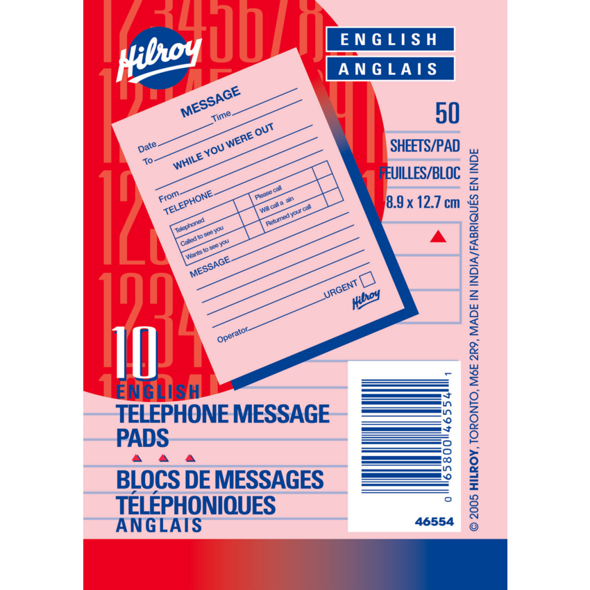 Hilroy Telephone Message Pad 3-1/2" x 5" 50 sheets English 10/pkg