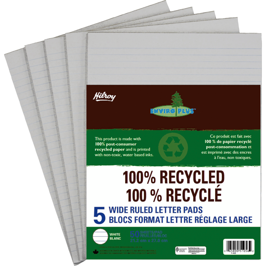 Hilroy Enviro-Plus™ 100% Recycled Writing Pads Wide Rule 50 sheets per pad Letter 5 pads/pkg